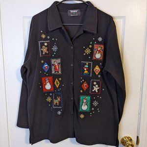 Studio Fa La La Christmas Holiday Button Down Fleece Shirt Jacket - L-XL